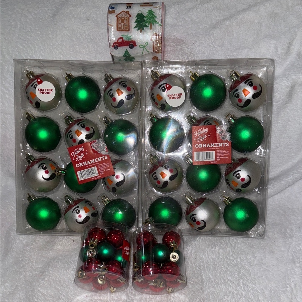 Festive Green and Silver Ornament Set with Snowman Design